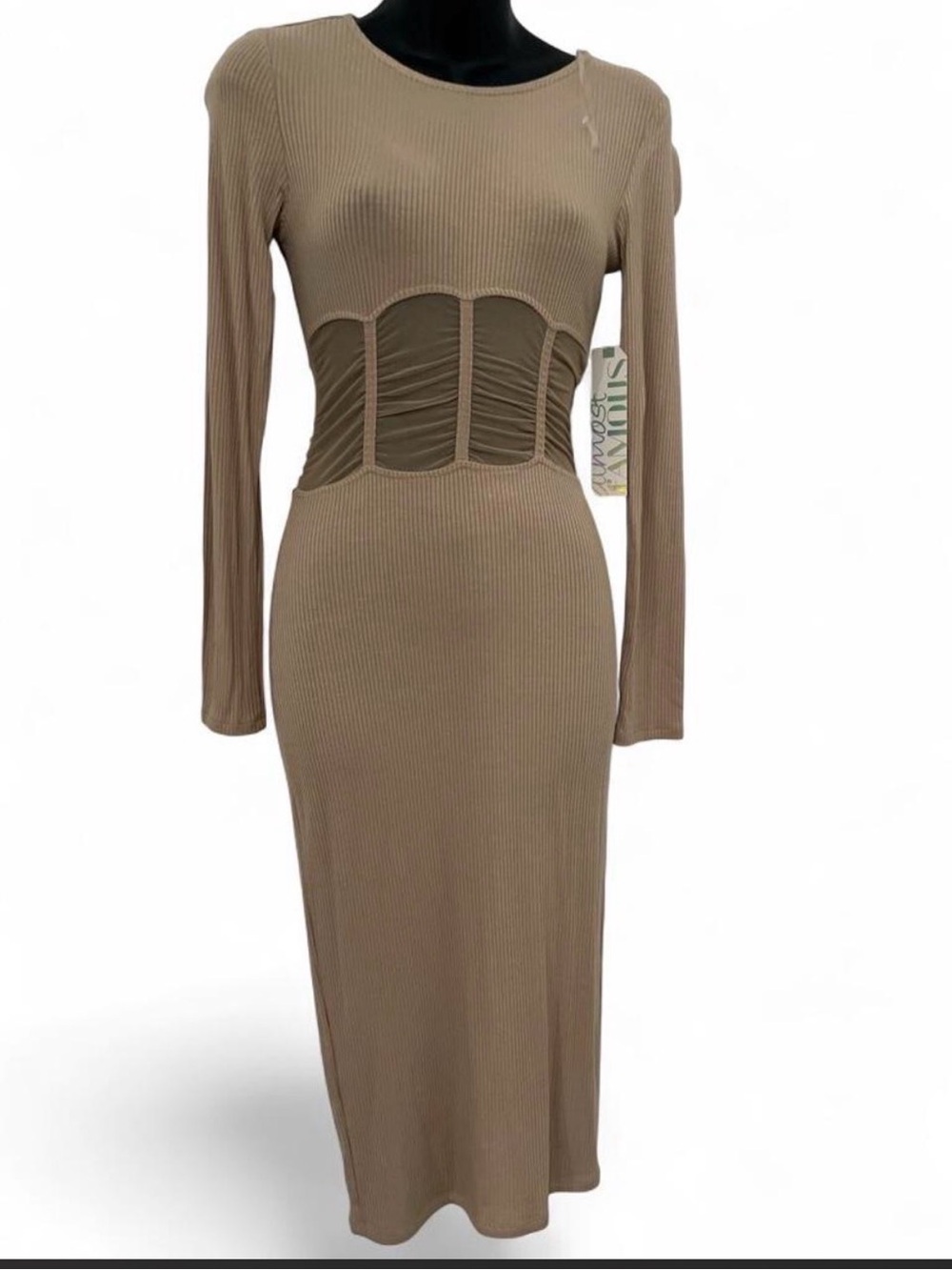 Long Sleeve Ribbed Midi Dress with sheer Corset Waist - Taupe